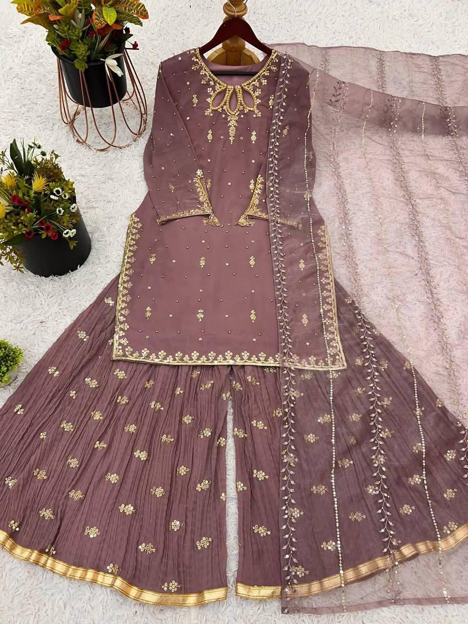 Jiana Peach Georgette Embroidered Kurta Palazzo Sets_6