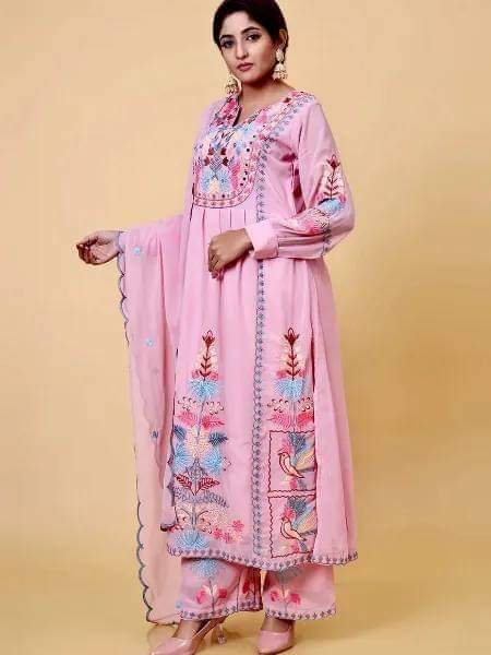 Pink Faux Georgette Designer Embroidery Party Wear Top Palazzo & Dupatta Set Stitched_1