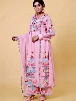 Pink Faux Georgette Designer Embroidery Party Wear Top Palazzo & Dupatta Set Stitched