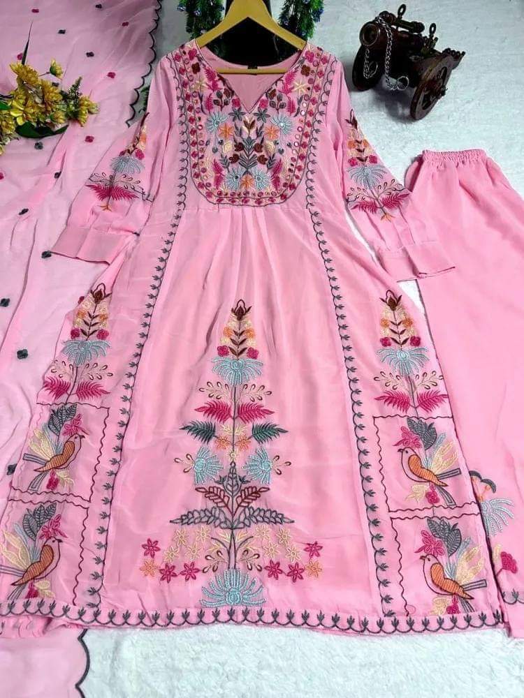 Pink Faux Georgette Designer Embroidery Party Wear Top Palazzo & Dupatta Set Stitched_0