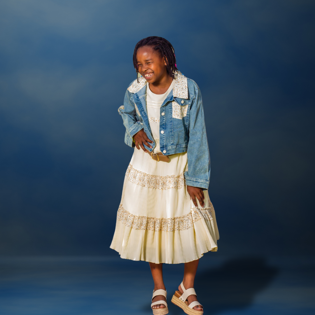Long Champagne Dress with Brown Belt and Denim Jacket 