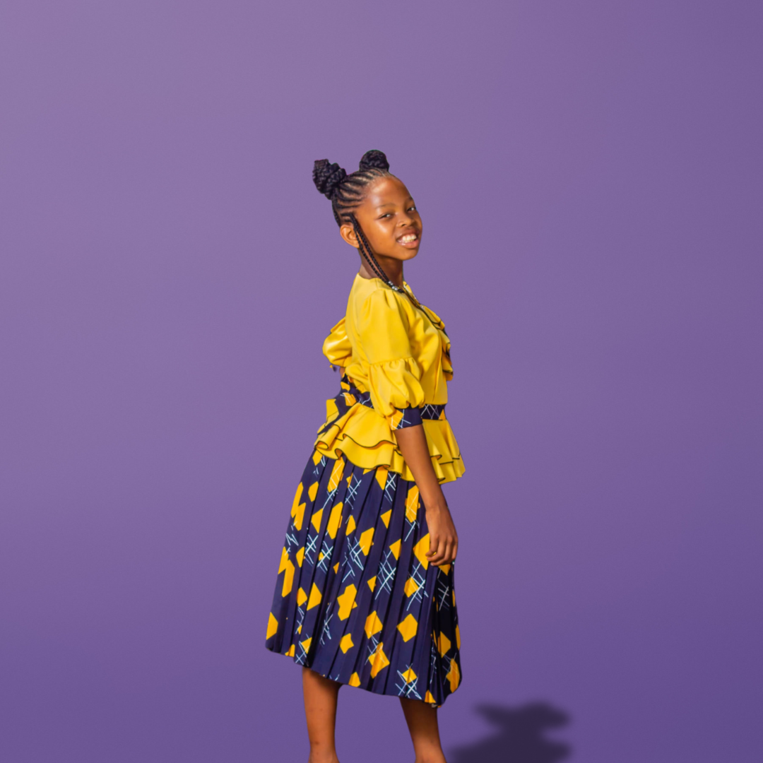 Yellow Top and Navy Floral Pleated Skirt