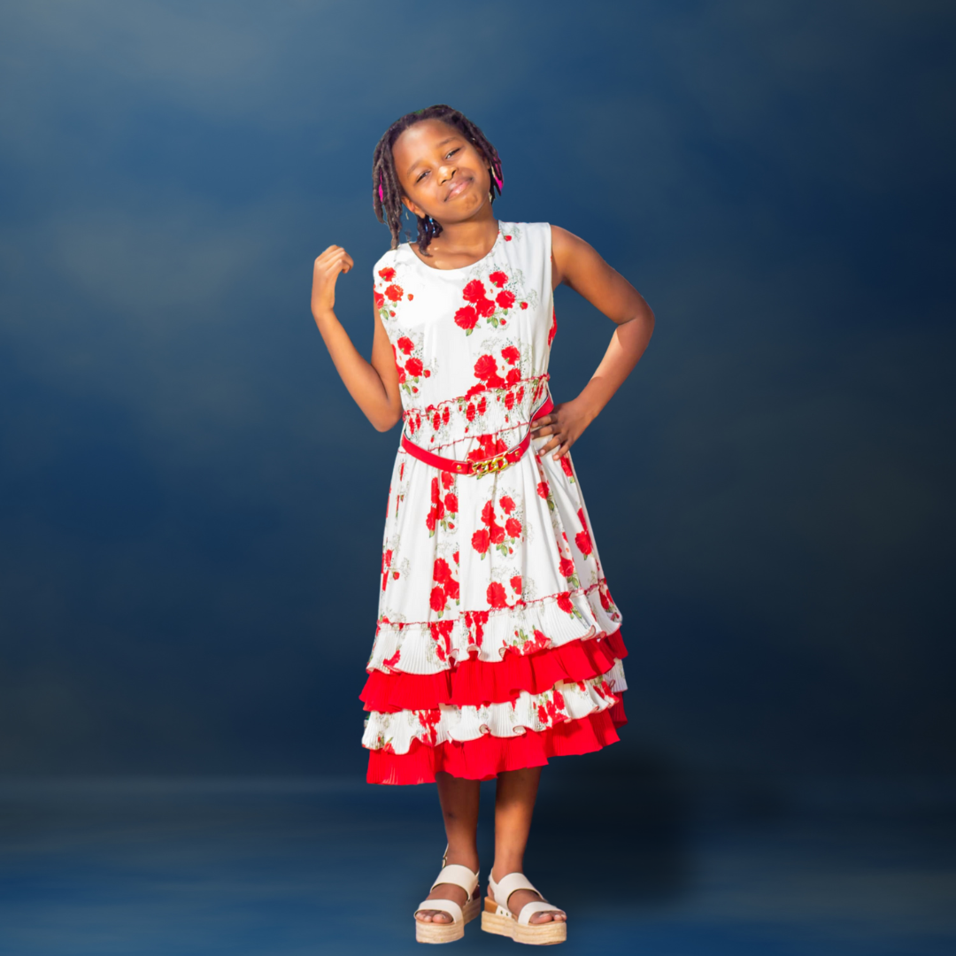 Nabotique Girls Dress & Belt in Creamy White with red flowers and Red lining_1