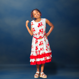 Nabotique Girls Dress & Belt in Creamy White with red flowers and Red lining
