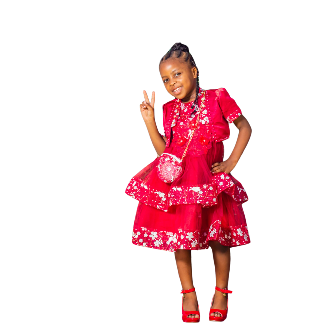 Red Layered Dress with White Flowers, with Bag and Cropped Jacket_1