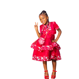 Red Layered Dress with White Flowers, with Bag and Cropped Jacket
