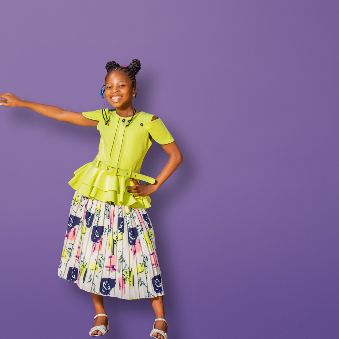 Lemon Green Top and White Floral Pleated Skirt