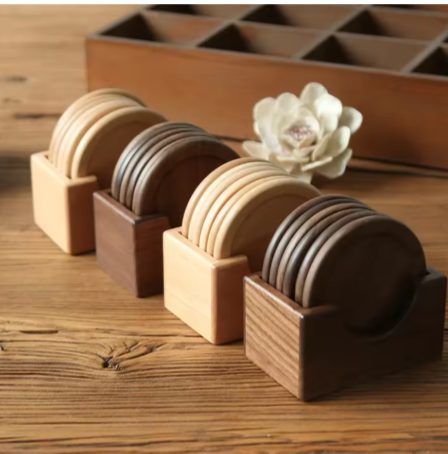 Dessous de verre rond et carré en bois de noyer massif, tapis de tasse en bois de hêtre vierge, Durable, résistant à la chaleur, pour thé et café, napperons, 6 pièces/ensemble_0