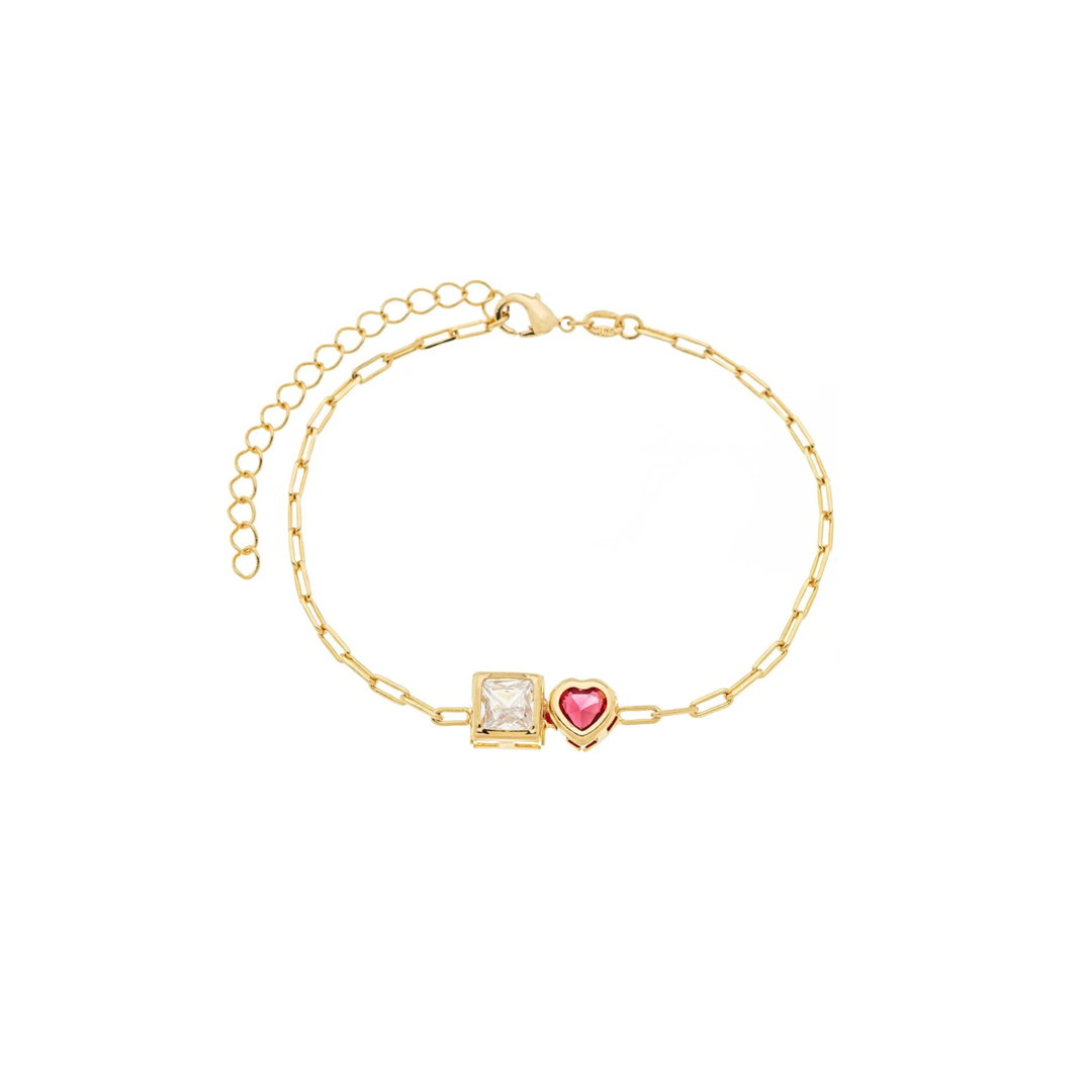 Pulseira com Coração e Quadrado com Pedras banhada a Ouro 18k