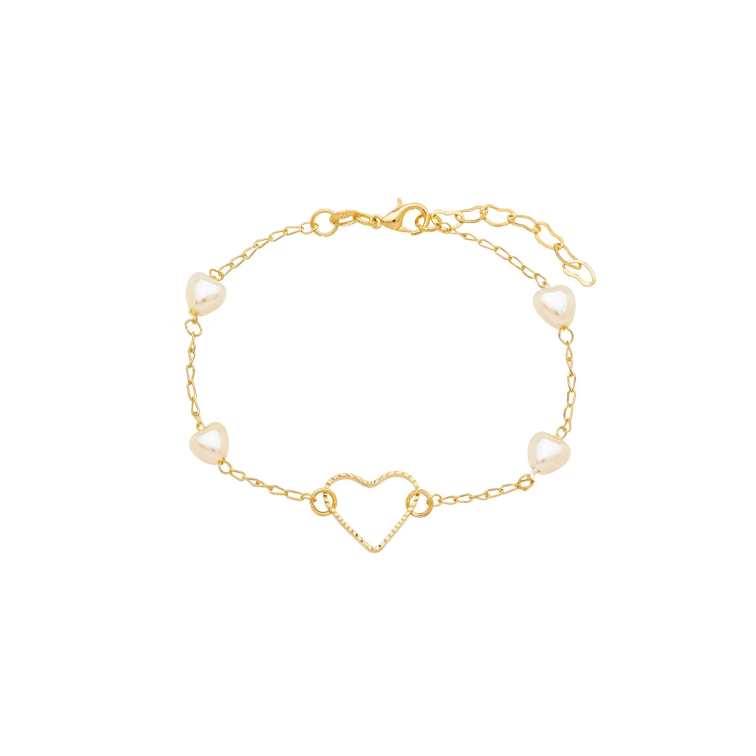 Pulseira com Pérolas e Coração banhada a Ouro 18k