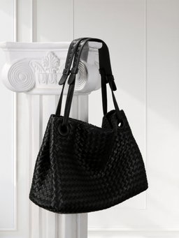 Woven Shoulder Tote Bag [Black]