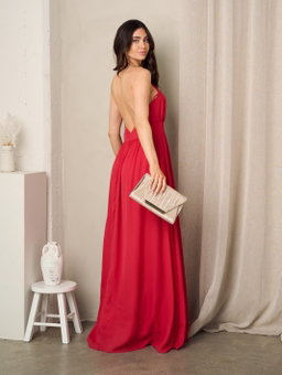 Vestido largo rojo con escote halter y abertura (tallas S - L)