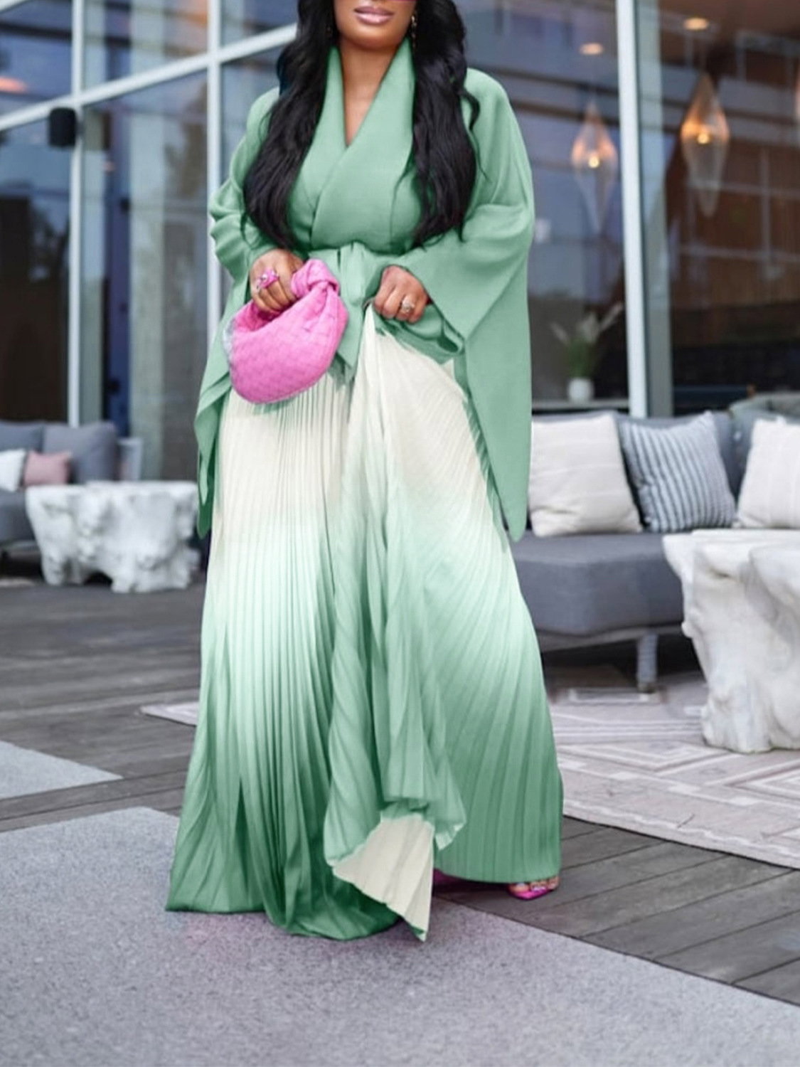 pleated irregular lace-up top gradient half body skirt suit two-piece set _4