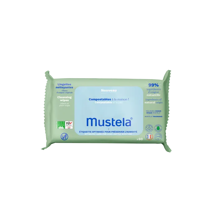 Mustela Bébé - Lingettes Nettoyantes Parfumées Compostables, 60 Lingettes