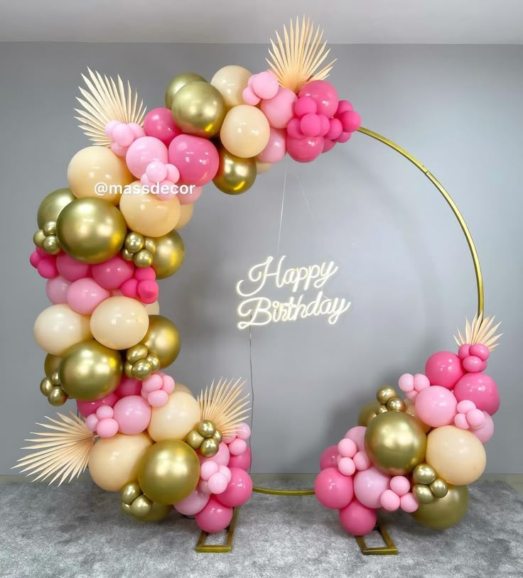 Luxury Pink & Gold Balloon Ring Backdrop – Happy Birthday Decorations