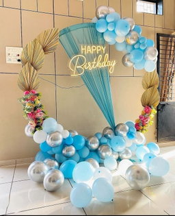 Elegant Blue & Silver Birthday Balloon Ring Backdrop with LED Sign