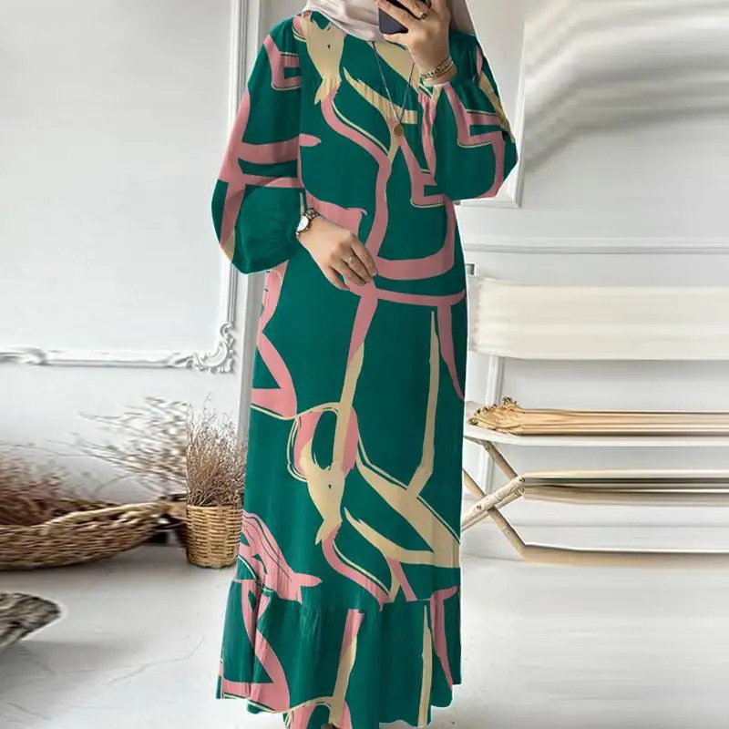  women's retro puff sleeve print ruffle pocket _2