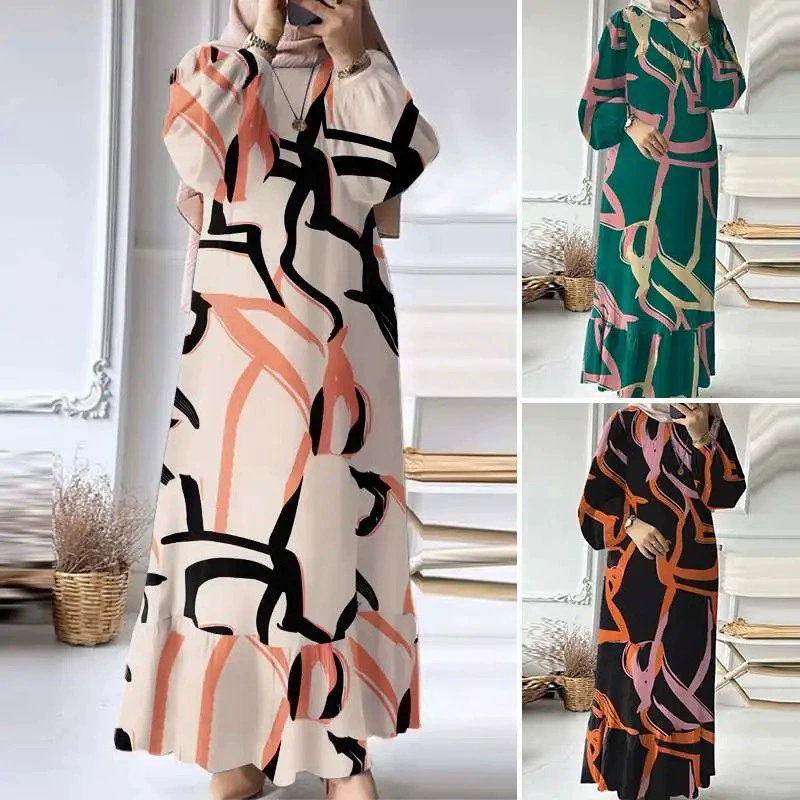 women's retro puff sleeve print ruffle pocket 