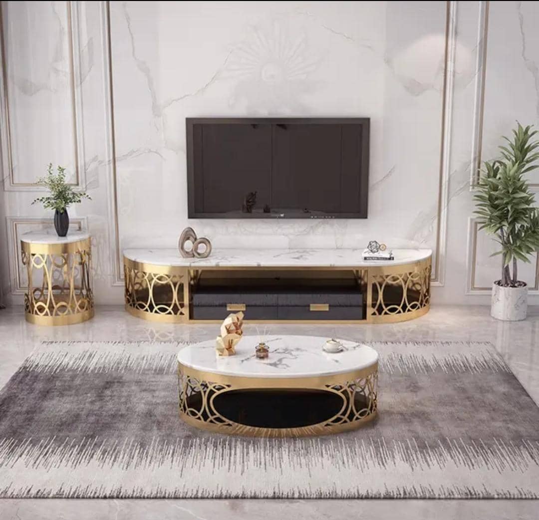 Tables Basses et Meuble TV Blanc Effet Marbre & Doré – ARTICLE N°:VDR_0009_0