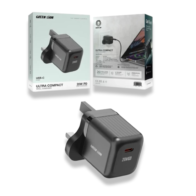 . Green Lion Ultra Compact GaN Wall Charger UK Pin USB-C PD 20W C to L - Black