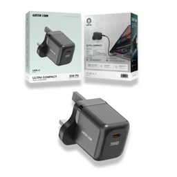 . Green Lion Ultra Compact GaN Wall Charger UK Pin USB-C PD 20W C to L - Black 