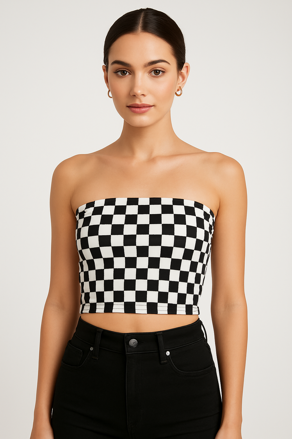 Top strapless estampado a cuadros blanco y negro - OneSize_0