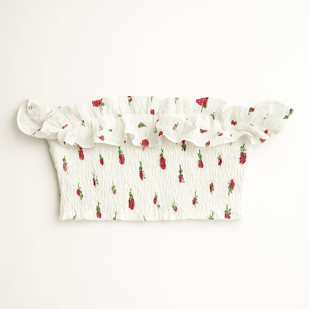 Crop Top Blanco con Estampado de Rosas - Size S