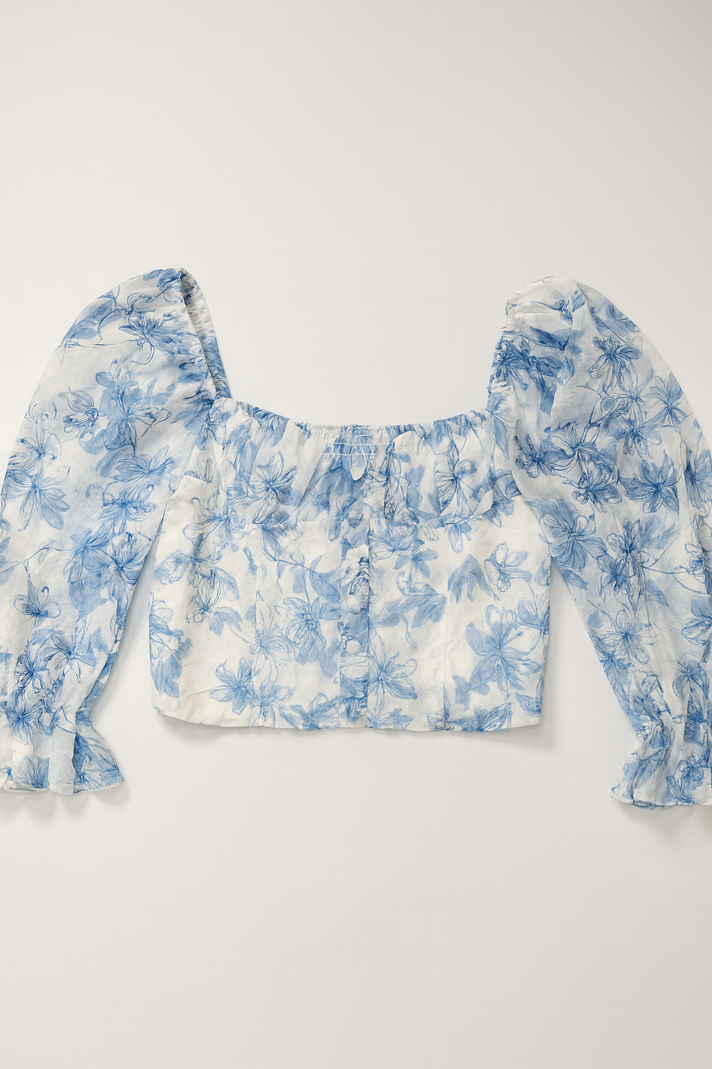 Blusa crop con mangas abullonadas en tul floral azul - Size M_1