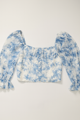 Blusa crop con mangas abullonadas en tul floral azul - Size M