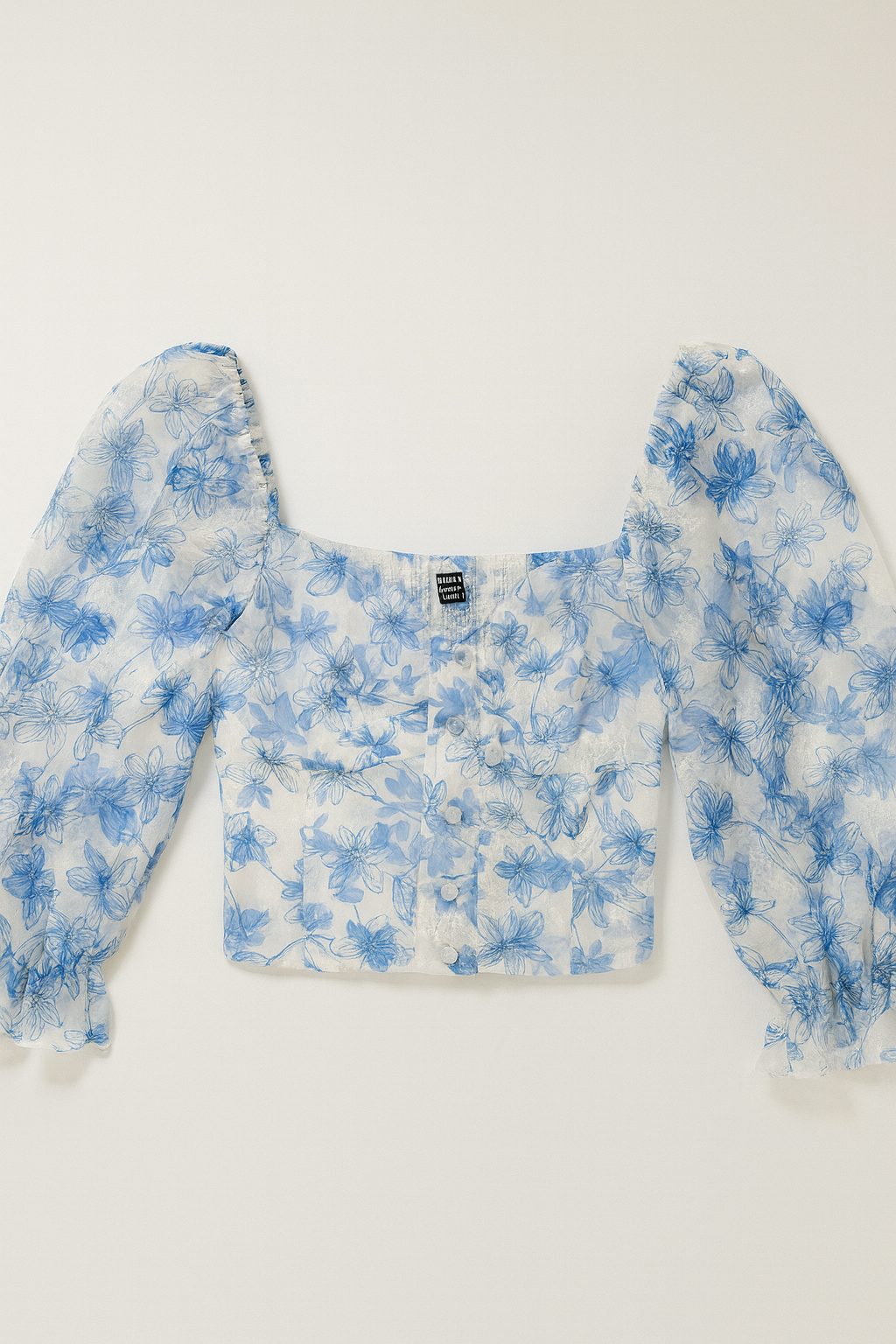 Blusa crop con mangas abullonadas en tul floral azul - Size M