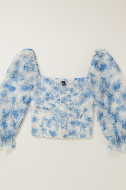 Blusa crop con mangas abullonadas en tul floral azul - Size M
