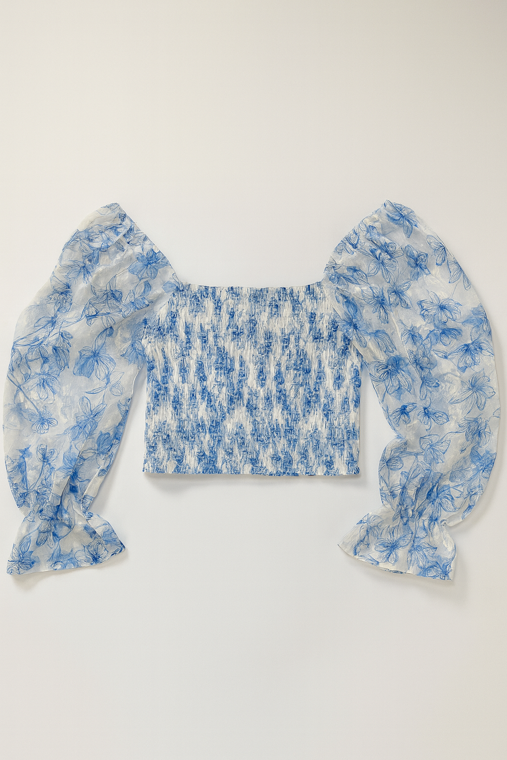 Blusa crop con mangas abullonadas en tul floral azul - Size M_2
