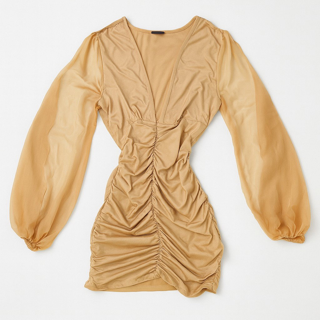 Vestido dorado fruncido con mangas largas transparentes - Size M