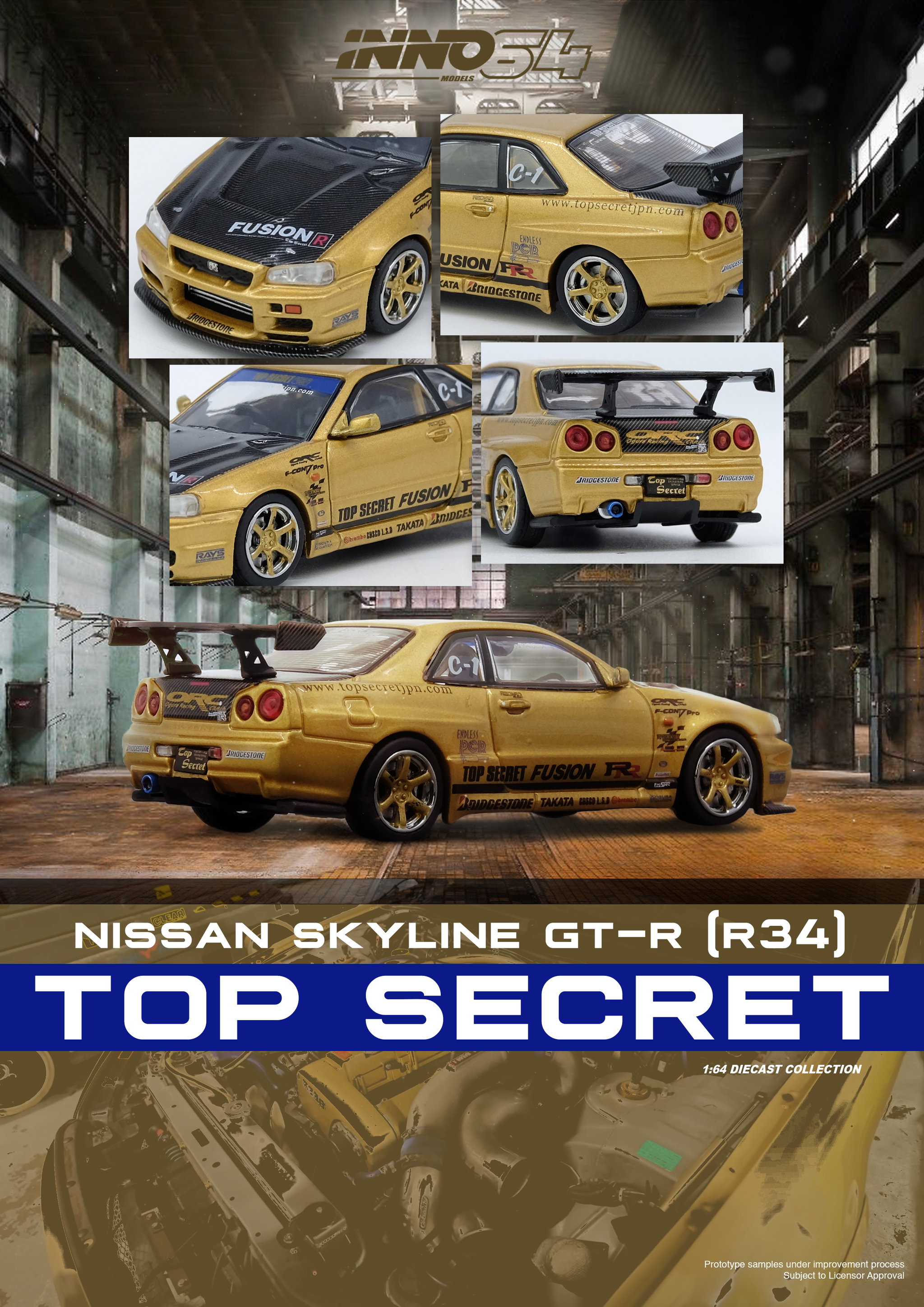 INNO MODEL 1/64 NISSAN SKYLINE R34 TOP SECRET GOLD_0