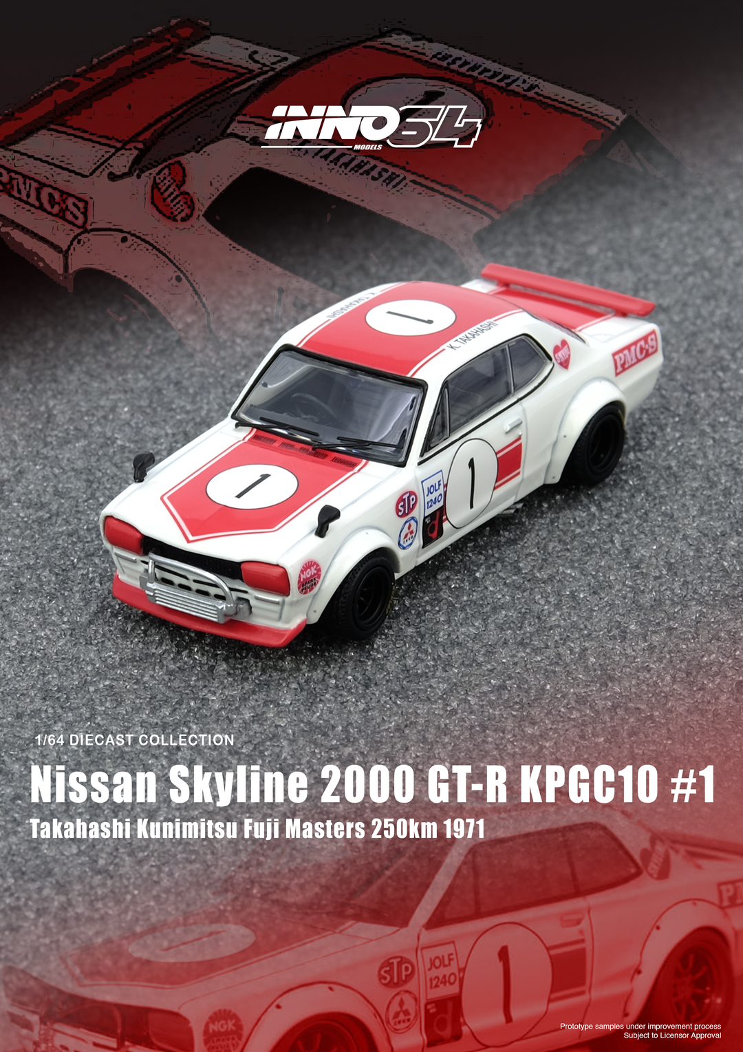 INNO MODEL 1/64 NISSAN SKYLINE 2000 GT-R (KPGC10) #1 - TAKAHASHI KUNIMITSU FUJI MASTERS 250KM 1971