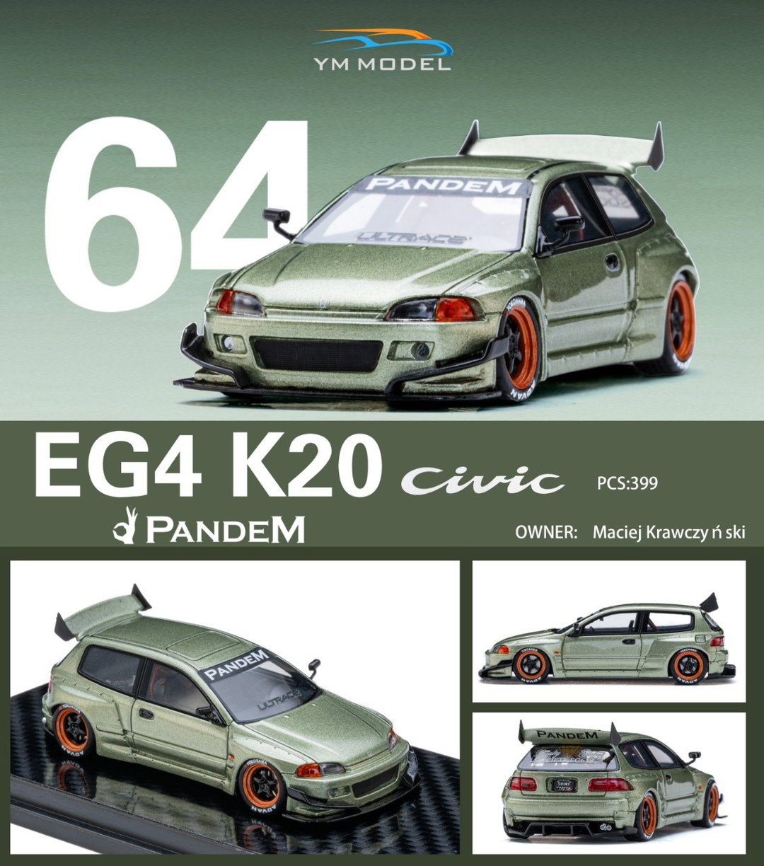 YM MODEL 1/64 HONDA CIVIC EG4 K20 PANDEM (RESIN)