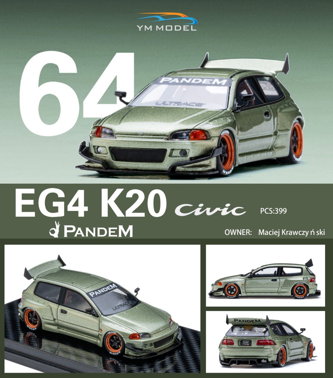 YM MODEL 1/64 HONDA CIVIC EG4 K20 PANDEM (RESIN)_0