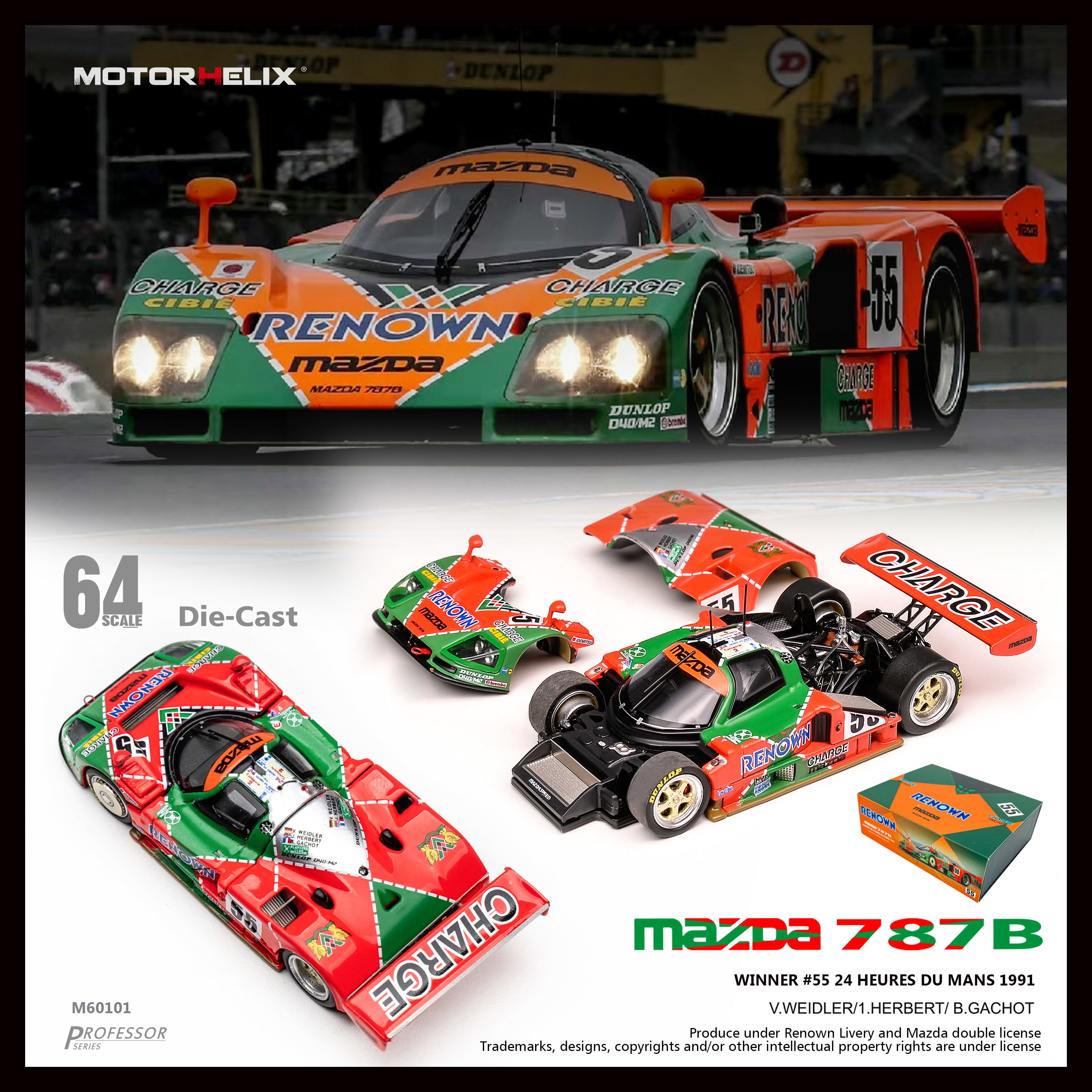 MOTOR HELIX MODEL 1/64 MAZDA 787B RENOWN #55 CHAMPION CAR