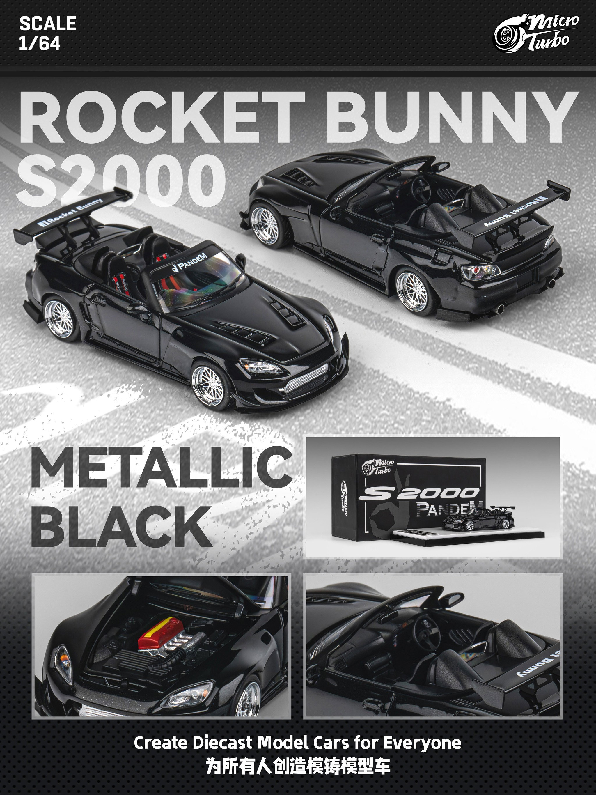 MICRO TURBO MODEL 1/64 HONDA S2000 ROCKET BUNNY - METALLIC BLACK