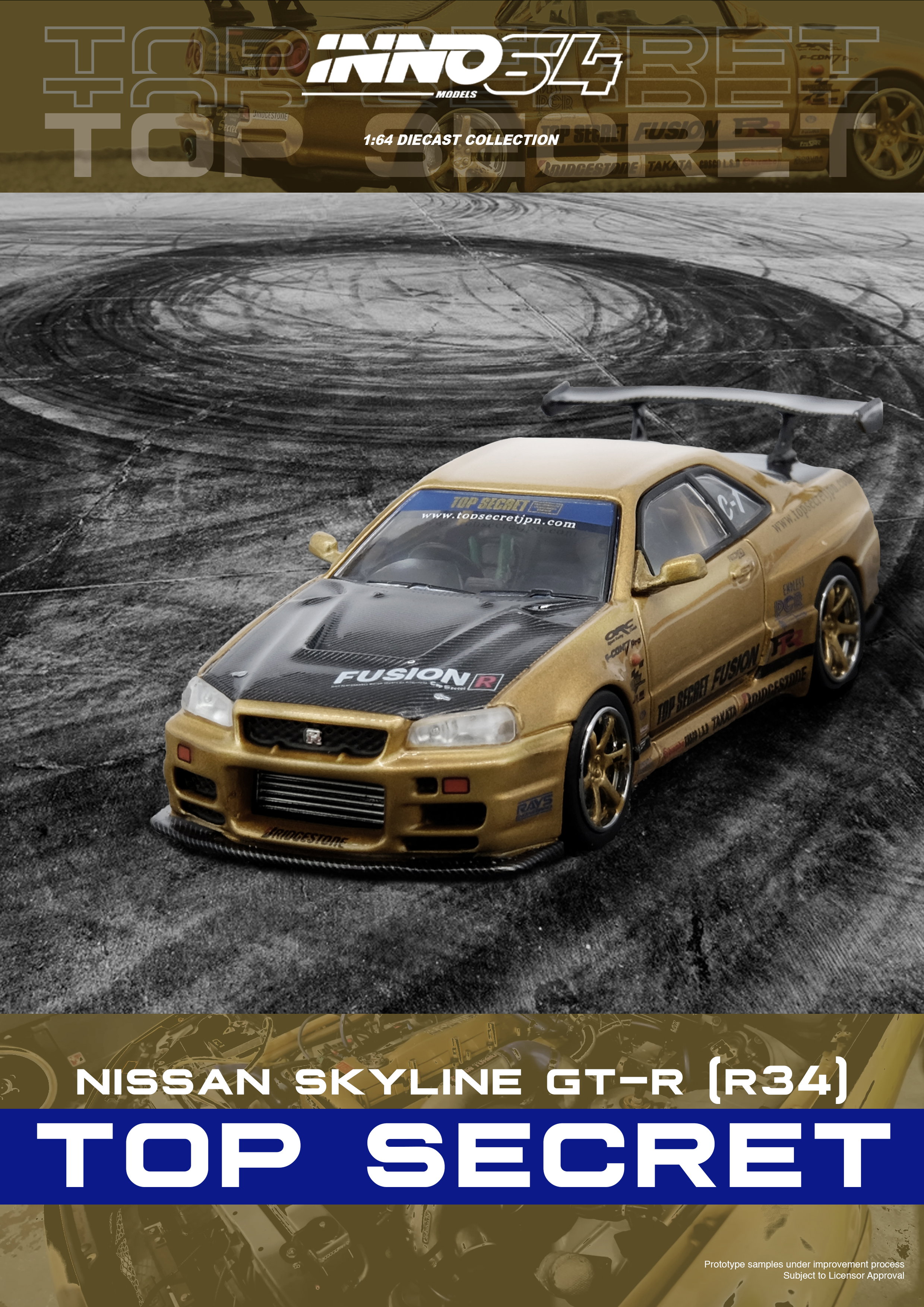 INNO MODEL 1/64 TOP SECRET R34 GT-R Gold