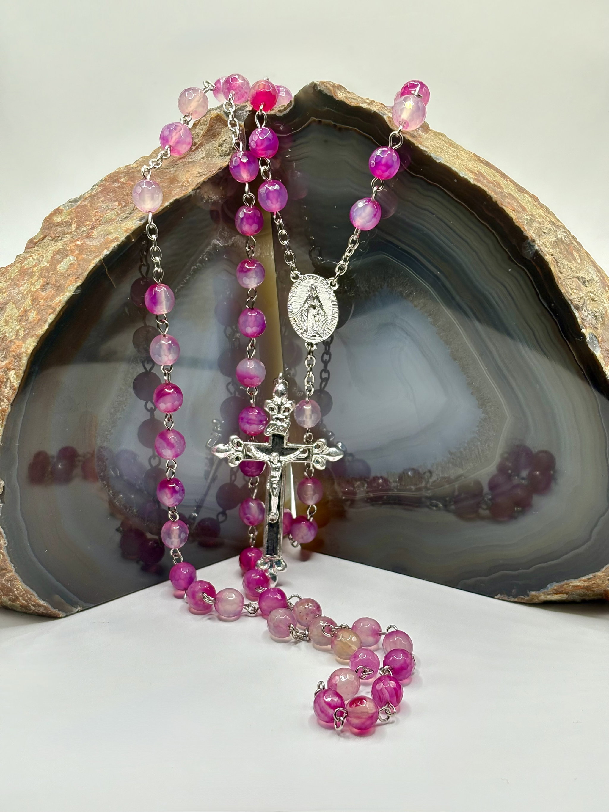 Rosario Ágata Rosa Facetada 8mm en baño de plata_0