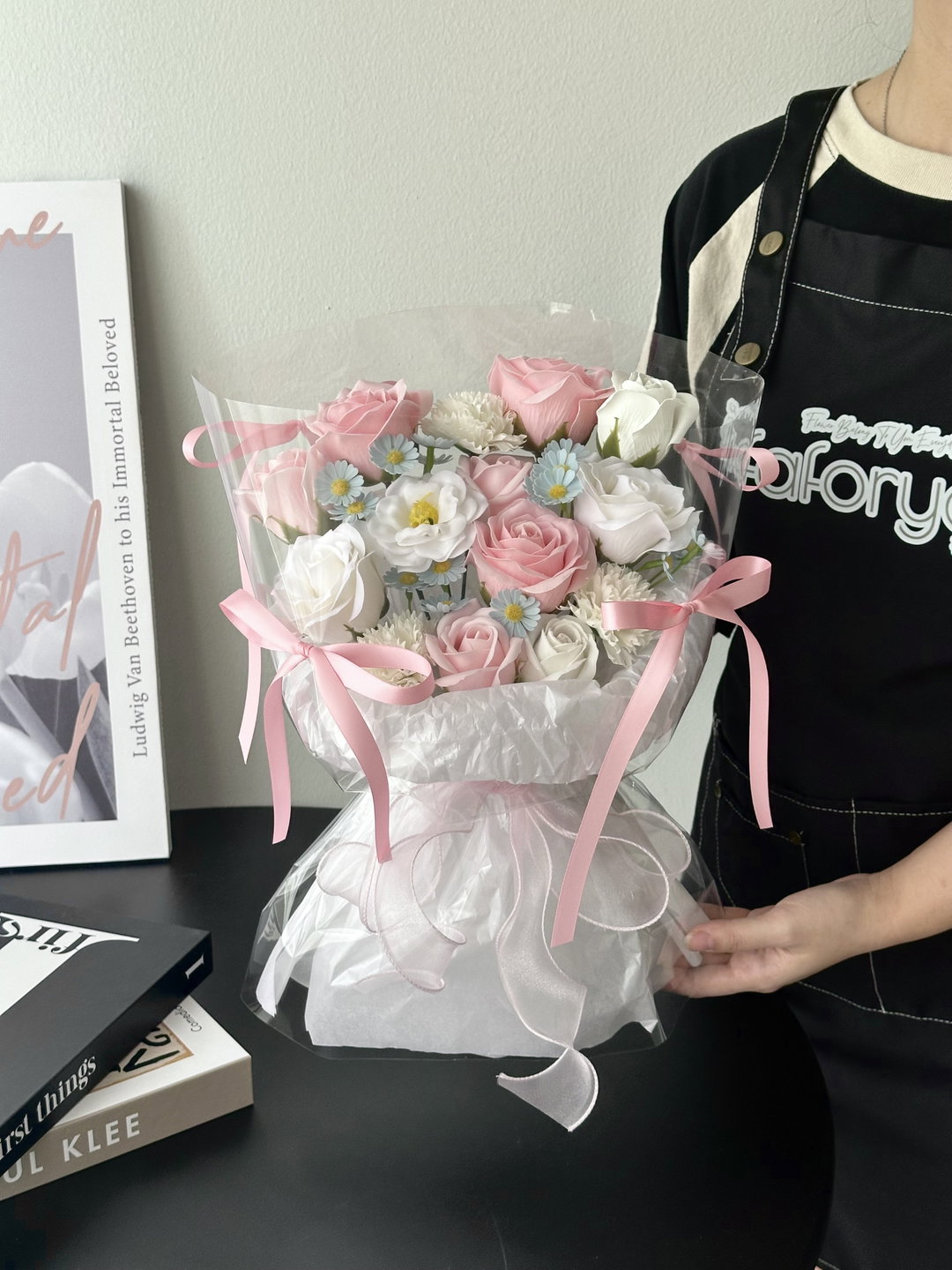 White Pink Soap Flower Transparent Bouquet 