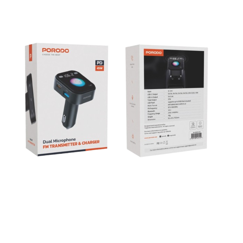 Porodo Bluetooth FM Transmitter with Voice Command