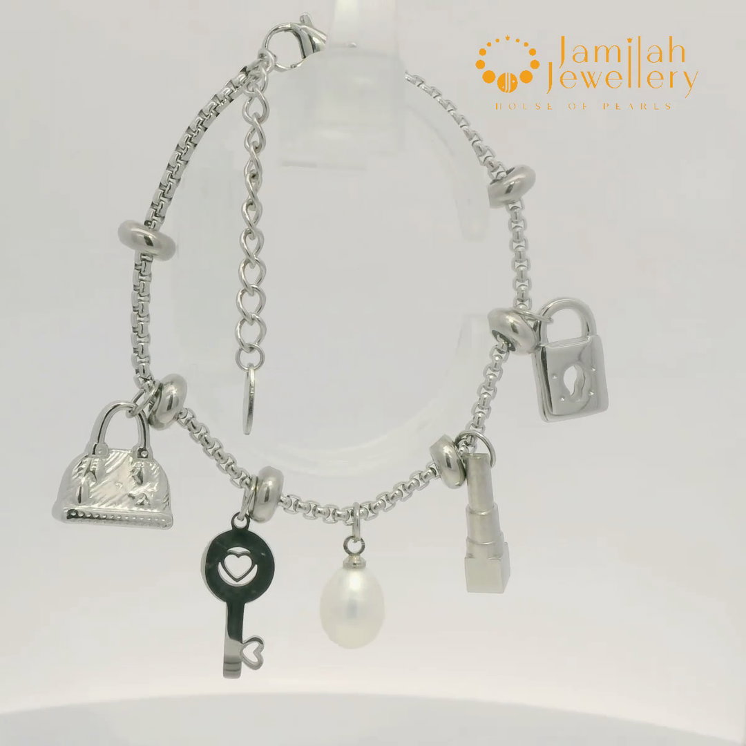 Stainless Steel Charm Bracelet with Teardrop Fresh water Pearl