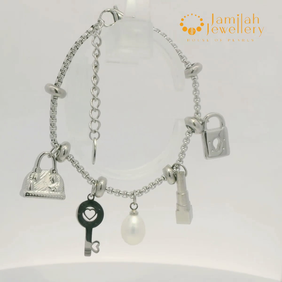Stainless Steel Charm Bracelet with Teardrop Fresh water Pearl_0