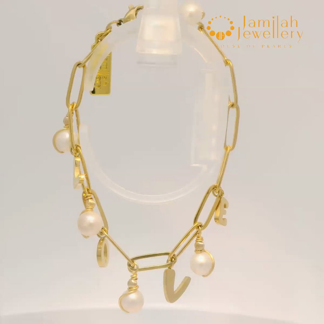 18K Gold Plated Stainless Steel LOVE Charm Pearl Bracelet