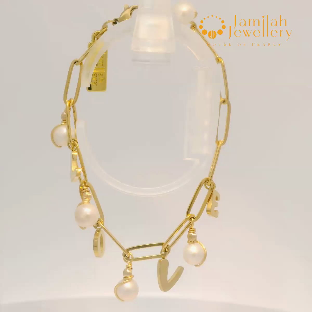 18K Gold Plated Stainless Steel LOVE Charm Pearl Bracelet _0