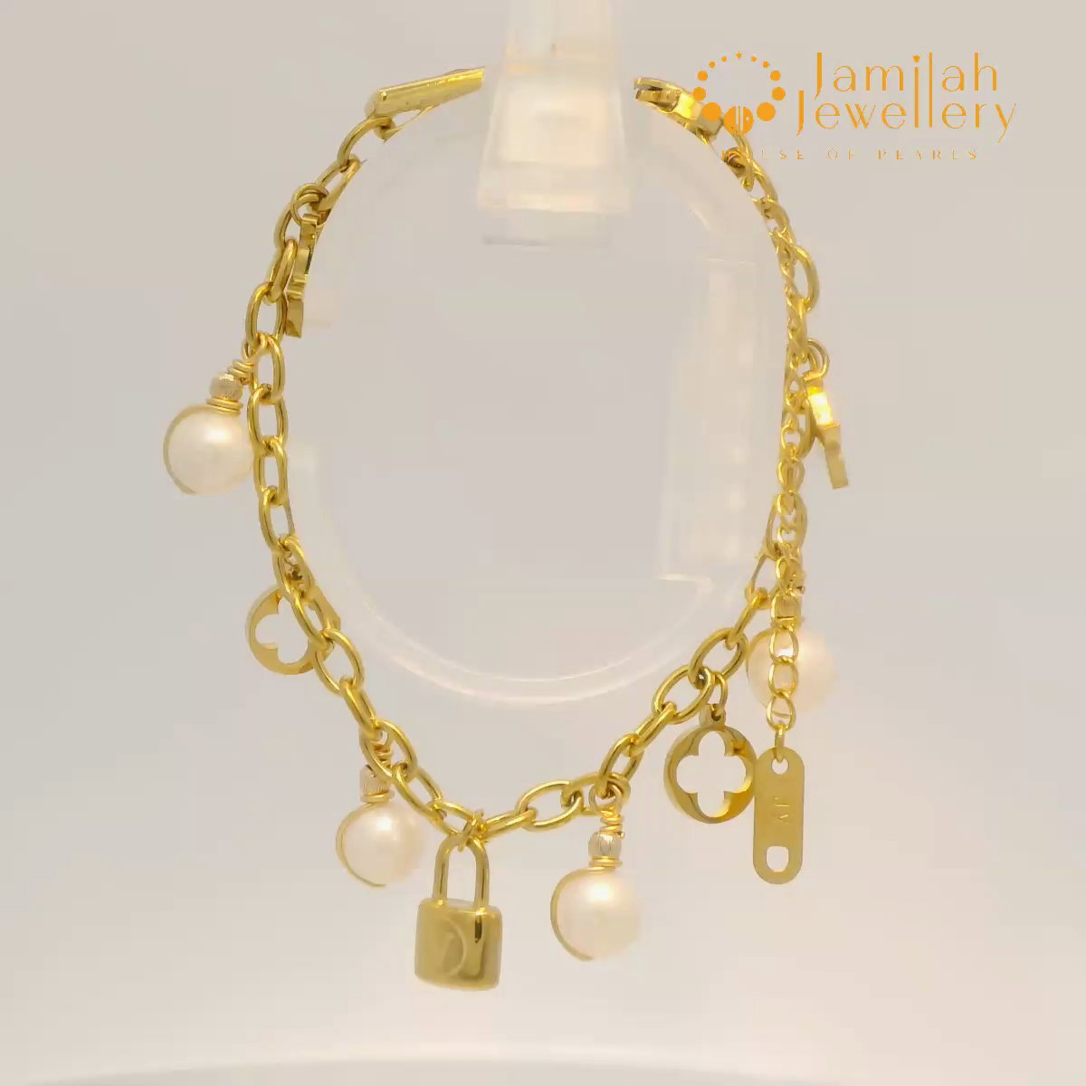 18K Gold Plated Stainless Steel Charm Pearl Bracelet _0