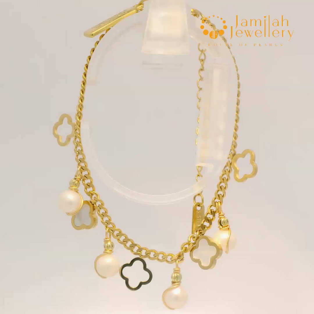 18K Gold Plated Stainless Steel Charm Pearl Bracelet