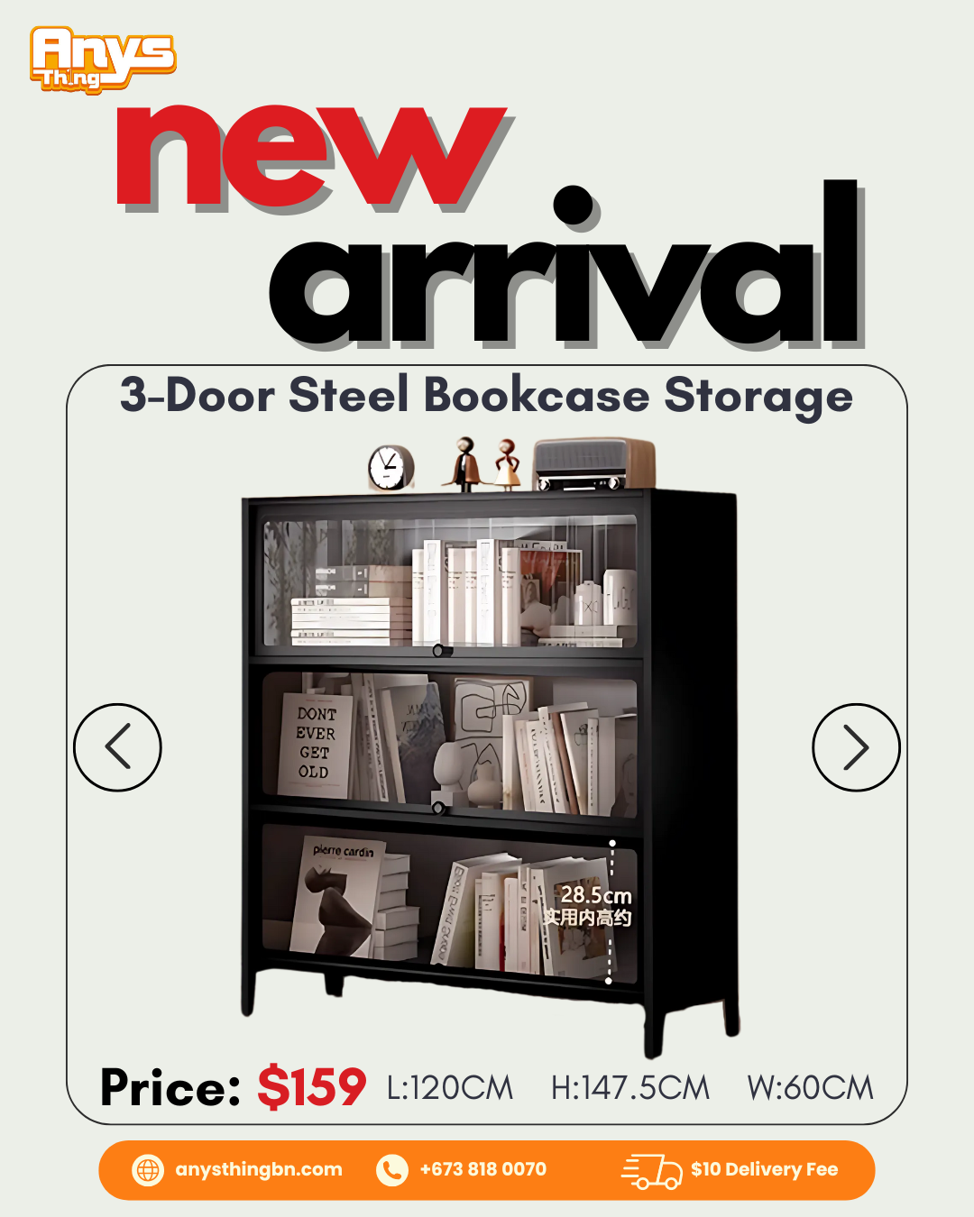 3-Door Steel Bookcase Storage
